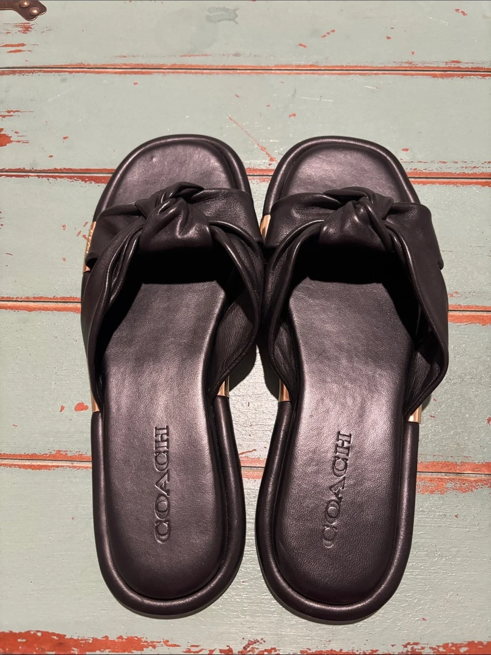 NWOT Coach Black Knotted Leather Slide Sandals with Gold Accents - Women
